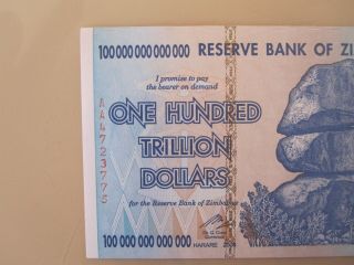 Zimbabwe 100 Trillion Dollars 2008 AA Uncirculated Bill 2