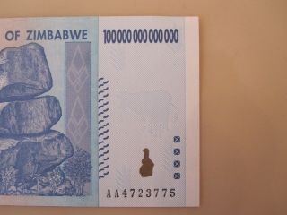 Zimbabwe 100 Trillion Dollars 2008 AA Uncirculated Bill 3