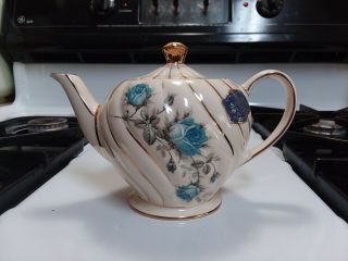 Vintage Sadler England Teapot With Blue Roses And Gold Trim Upside Down Roses