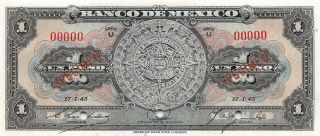 México 1 Peso 17.  1.  1945 P 38cs Series U Specimen Uncirculated Banknote