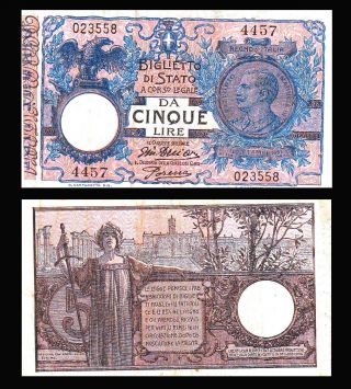 Italy 5 Lire 1914 (1923) Vf,  Crisp Banknote P - 23 King Vittorio Emanuele Iii °