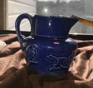 Vintage Small Pottery Pitcher Blue Unique With Animals