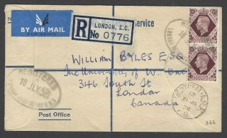 Gb Ohms Registered Envelope With Kgvi 11d Pair London Ec To London,  Canada