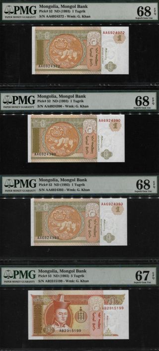 Tt Pk 52 & 53 Nd (1993) Mongolia 1 & 5 Tugrik Pmg 68 Epq Gem Set Of Four