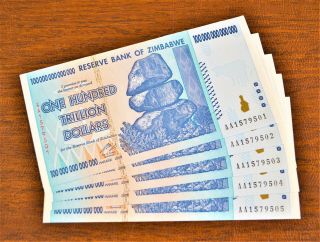 Zimbabwe 100 Trillion Dollar Uncirculated Bank Note Aa 2008