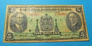1935 The Royal Bank Of Canada 5 Dollar Note - F15 / Vf