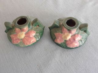 Roseville Pottery Green And Pink Candle Holders