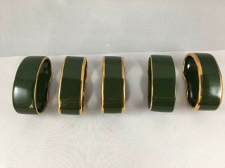 Apilco Porcelain Green & Gold Oval Napkin Rings Set Of 5 Made In France