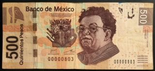 MEXICO 2015 $500 PESOS DIEGO RIVERA VERY LOW SERIAL Number AT (T0000803) 3 DIGIT 2