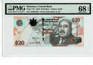 Bahamas P 74a 2010 20 Dollars Preifx Ad Pmg 68 Epq Gem Unc