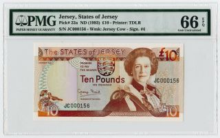 Jersey.  States Of Jersey,  Nd (1993) ?10,  P - 22a,  Pmg Gem Unc 66 Epq Low S/n 156.
