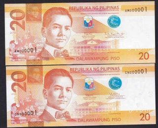 Philippines 20 Peso Ngc First Serial 000001 (2019,  2017f) 2 Notes Uncirculated