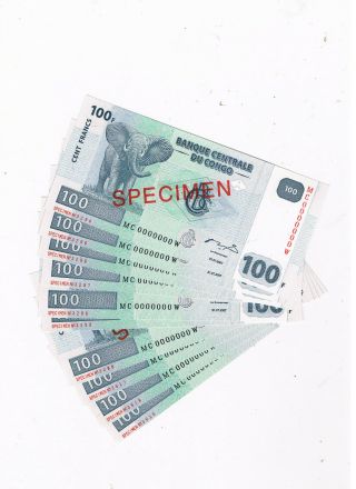 Congo P 98 Specimen 10x100 Francs 2007 Elephant Unc