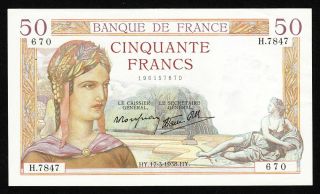 1938 France 50 Francs P - 85b Crisp Uncirculated Banque De France " Cérès "