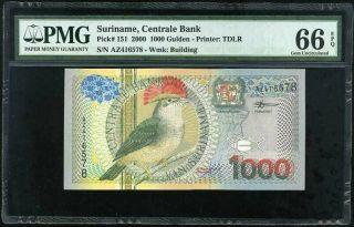 Suriname 1000 1,  000 Gulden 2000 P 151 Gem Unc Pmg 66 Epq Nr