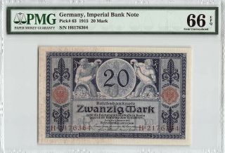 Germany,  Reichsbanknote 1915 P - 63 Pmg Gem Unc 66 Epq 20 Mark
