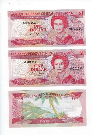 East Caribbean Central Bank 3 Consec 1$ Notes Anguilla See Scan Unc