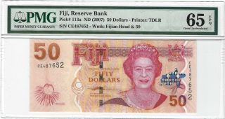 2007 Fiji $50 Dollars,  P - 113a,  Pmg Gem Unc 65 Epq,  Qeii Higher Denomination Type