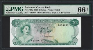 1974 Bahamas $1 Dollar,  P - 35a Central Bank,  Pmg Gem Unc 66 Epq,  Donaldson Sig X