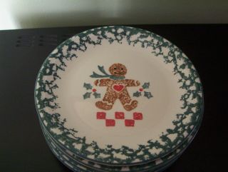 7 Folk Craft Tienshan Gingerbread Green Spongeware Dessert Plates Christmas 7