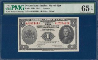 Netherlands Indies 1 Gulden 1943 P111a Muntbiljet Pmg 65 Epq Gem Unc Indonesia