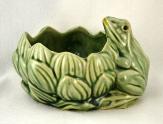 Vtg 1940s Mccoy Pottery Frog With Lotus Blossom Planter Bowl Lilly Pad