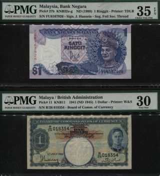 Tt Pk 11 & 27b 1941 - 89 Malaya & Malaysia 1 Dollar & 1 Ringgit Pmg 35q Set Of 2