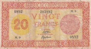 Djibouti French Somaliland 20 Francs 1945 P - 15 Vg Government Printer Palestine