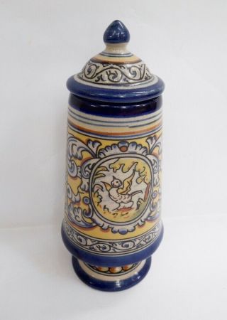 Vtg Antique Italian Ceramic Lidded Urn Apothecary Jar Deer/goose Blue/yellow 6 "