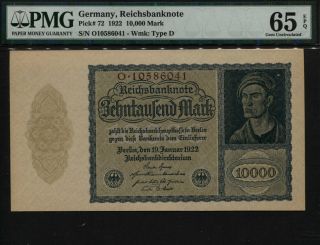 Tt Pk 72 1922 Germany Reichsbanknote 10000 Mark " 97 Years Old " Pmg 65q Gem Unc
