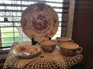 1 Vintage Masons Red Pink Ironstone Watteau 10” Dinner Plate 3 Cups Small Bowl