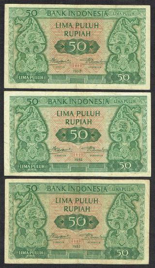 Indonesia 3x 50 Rupiah 1952 Trees With Birds Replacement P45 / Mwr Rk1