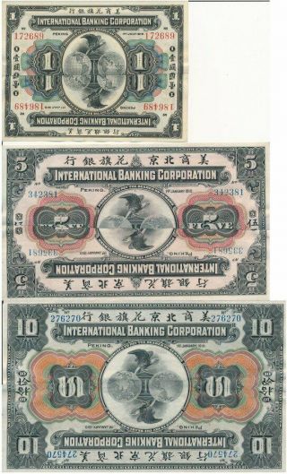 International Banking Corp.  China 1,  5,  10 Yuan 1919/10 Half Pasted Au - U