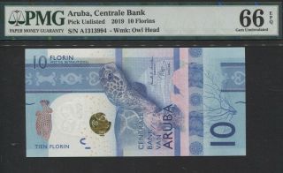 Tt Pk Unl 2019 Aruba Centrale Bank 10 Florins Turtle & Fish Pmg 66 Epq Gem Unc