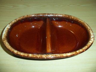 Vtg Hull H.  P.  Co Oven Proof Dish Oval Casserole Brown Drip Pottery Usa Divided