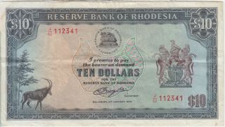 Rhodesia Banknote P33c - 2341 10 Dollars 2.  1.  1979 Pfx J/52 Vf We Combine