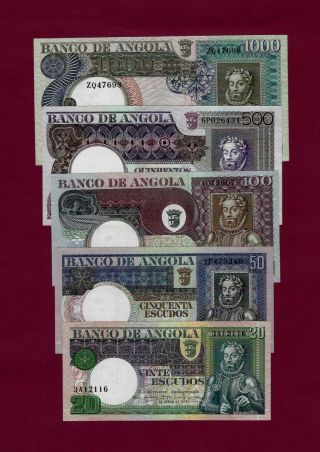 Portugal Angola Complete Set 20,  50,  100,  500,  1000 Escudos 1973 Unc