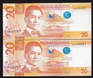 Philippines 20 Peso Ngc First Serial 000001 (2019,  2018) 2 Notes Uncirculated