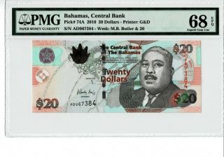 Bahamas Central Bank 2010 20 Dollars Pmg 68 Epq Gem Unc Finest Grade