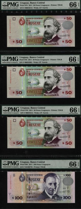 Tt Pk 87b & 88b 2011 Uruguay 50 & 100 Pesos Uruguayos Pmg 66 Epq Set Of Four