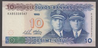 Lithuania 10 Litu 1993 Unc Crisp Banknote P - 56