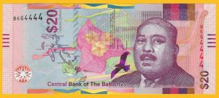 Bahamas 20 Dollars P - 80 2018 Unc Banknote Semi Solid Serial Number 664444