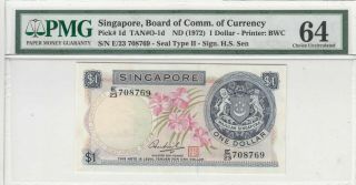 Nd 1972 Singapore 1 Dollars P - 1d Pmg 64 Choice Unc