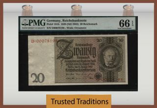 Tt Pk 181b 1929 (nd 1945) Germany Reichsbanknote 20 Reichsmark Pmg 66q Gem Unc