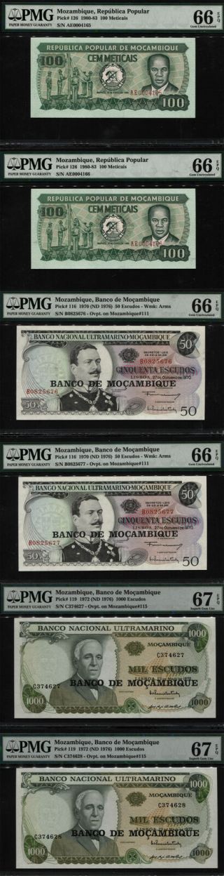 Tt Pk 116,  119,  & 126 Mozambique 100 - 100000 Meticais 50 - 1000 Escudos Pmg Set 6