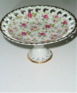 Vtg Lefton Rose Chintz Pink Flowers Pierced Footed Compote Plate 1949 - 1955