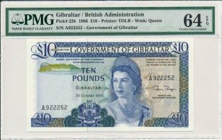 Government Of Gibraltar 10 Pounds 1986 Prefix A S/no 9222x2 Pmg 64epq