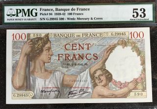 1939 - 42 France,  100 Francs Pk 94 Pmg 53
