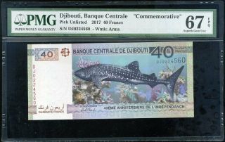 Djibouti 40 Francs 2017 P 46 Shark 40th Gem Unc Pmg 67 Epq Nr