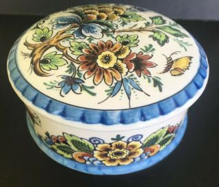 Vintage Dutch Delft Polychrome Trinket Dresser Dish Sugar Bowl With Cover Signed